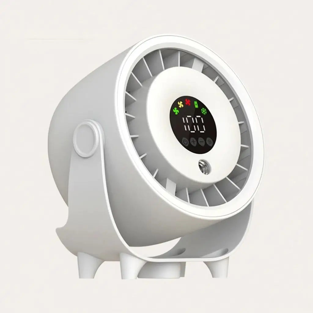 Portable Misting Turbo Fan – Rechargeable, 100-Speed, Digital Display, Wall-Mount