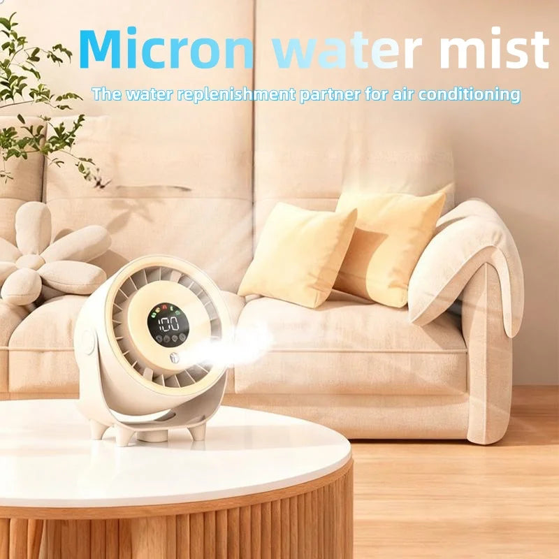 Portable Misting Turbo Fan – Rechargeable, 100-Speed, Digital Display, Wall-Mount