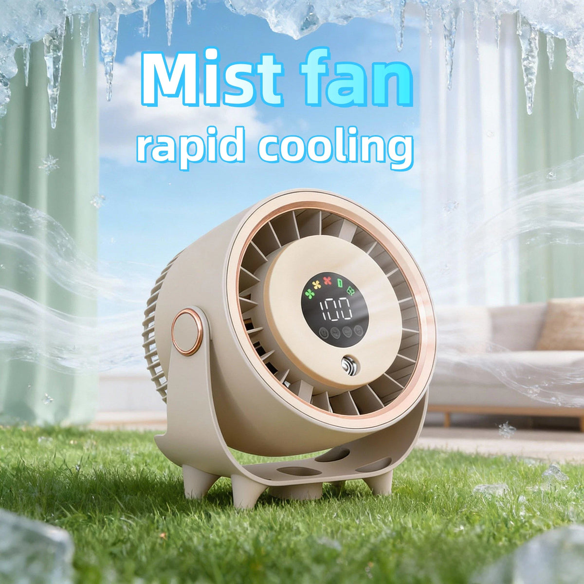 Portable Misting Turbo Fan – Rechargeable, 100-Speed, Digital Display, Wall-Mount
