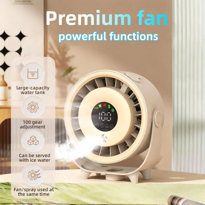 Portable Misting Turbo Fan – Rechargeable, 100-Speed, Digital Display, Wall-Mount