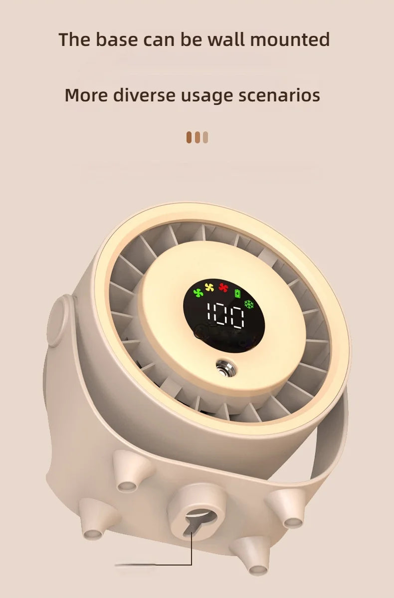 Portable Misting Turbo Fan – Rechargeable, 100-Speed, Digital Display, Wall-Mount